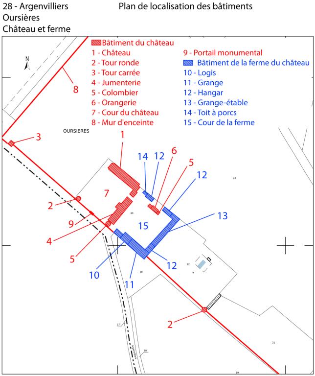 Plan de localisation des bâtiments de la ferme du château (fond : plan cadastral de 1987, section ZV). ; Plan de localisation des bâtiments du château et de la ferme (fond : plan de cadastral de 1987, section ZV).
