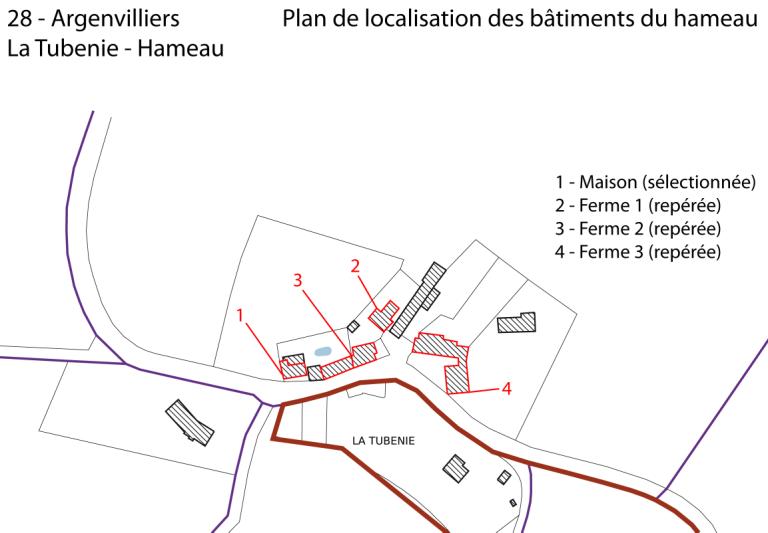 Plan de localisation des bâtiments du hameau (fond : plan cadastral de 1987, section ZR).