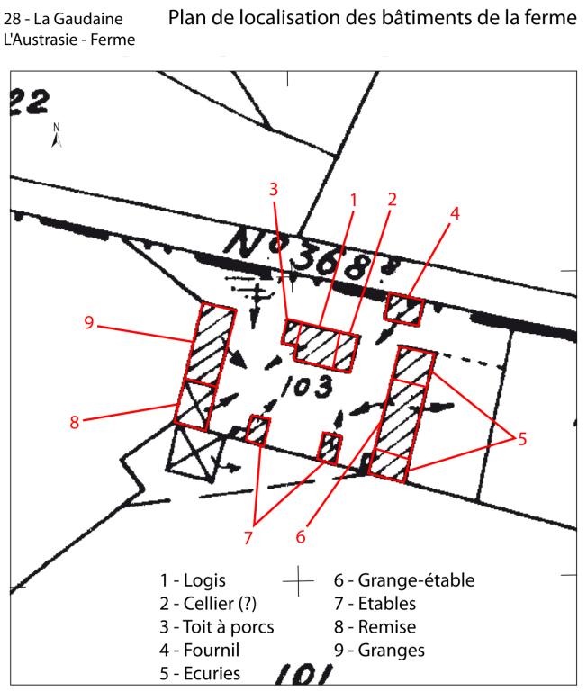 Plan de localisation des bâtiments de la ferme (fonds : plan cadastral de 1987, section A1). par Florent Maillard (Parc naturel régional du Perche).