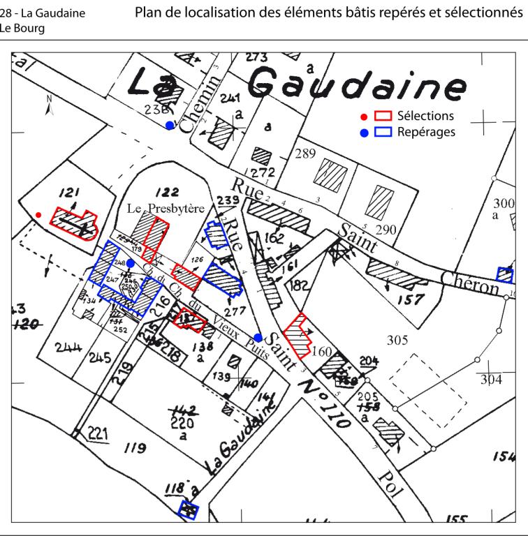 Plan de localisation des éléments bâtis repérés et sélectionnés du bourg (fond : plan cadastral de 1987, section A1). (Florent Maillard, Parc naturel régional du Perche).