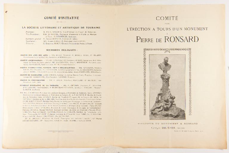 Prospectus présentant le comité pour l'érection à Tours d'un monument à Pierre de Ronsard, première page avec gravure du projet de Varenne et dernière page (Archives départementales d'Indre-et-Loire, T 1265).