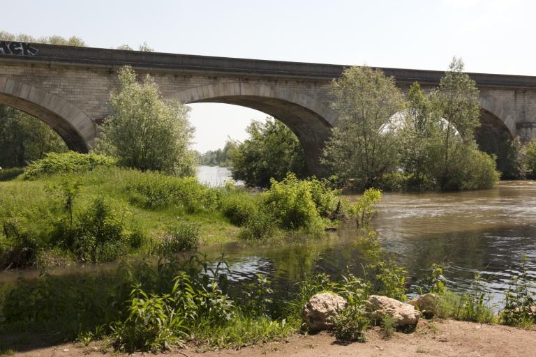 Vue d'ensemble de la rive gauche en amont du pont, prise de l'Ile d'Or (anciennement île Saint-Jean).