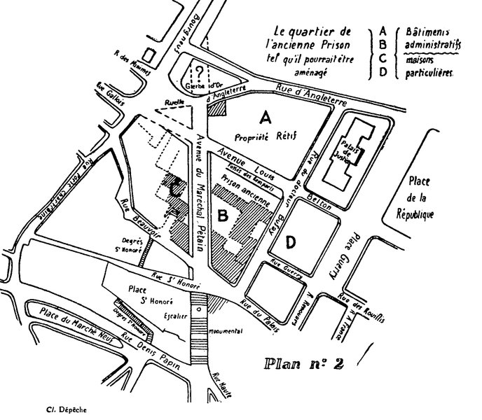 Proposition d'aménagement des terrains de l'ancienne prison par Hubert-Fillay, début 1942. (Archives Communales de Blois, Blois). ; Proposition d'aménagement des terrains de l'ancienne prison par Hubert-Fillay, début 1942. (Archives Communales de Blois, Blois).