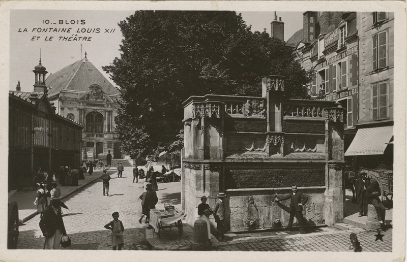 La place Louis-XII vue depuis l'est en 1907. Un îlot d'immeubles la sépare des remparts du Château et le marché et le théâtre lui confèrent un caractère monumental. (Collection particulière, B. Guignard). ; La place Louis-XII vue depuis l'est en 1907, sur la gauche le marché halle. (Collection particulière, B. Guignard).