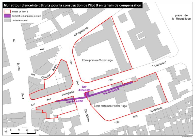 Mur et tour d'enceinte détruits pour la construction de l'îlot B.