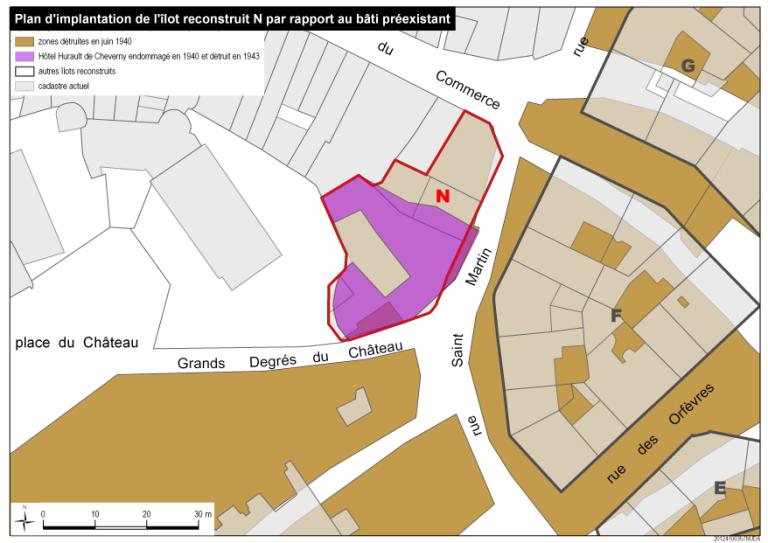 Plan d'implantation de l'îlot reconstruit N par rapport au bâti préexistant.