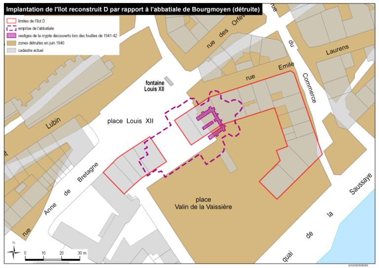 Implantation de l'îlot D par rapport à l'emprise de l'ancienne abbatiale de Bourgmoyen. ; Implantation de l'îlot D par rapport à l'abbatiale de Bourgmoyen. Une grande partie des vestiges découverts en 1941 se situaient à l'emplacement de la parcelle de l'immeuble.