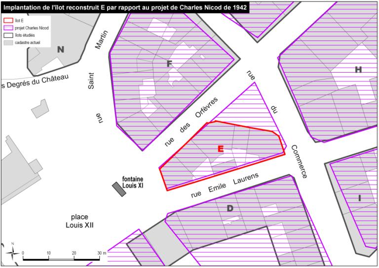 Plan d'implantation de l'îlot E par rapport au projet de Charles Nicod de 1942.