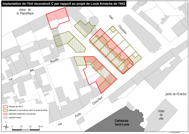 Implantation de l'îlot C par rapport au projet de Louis-Arretche de 1943.