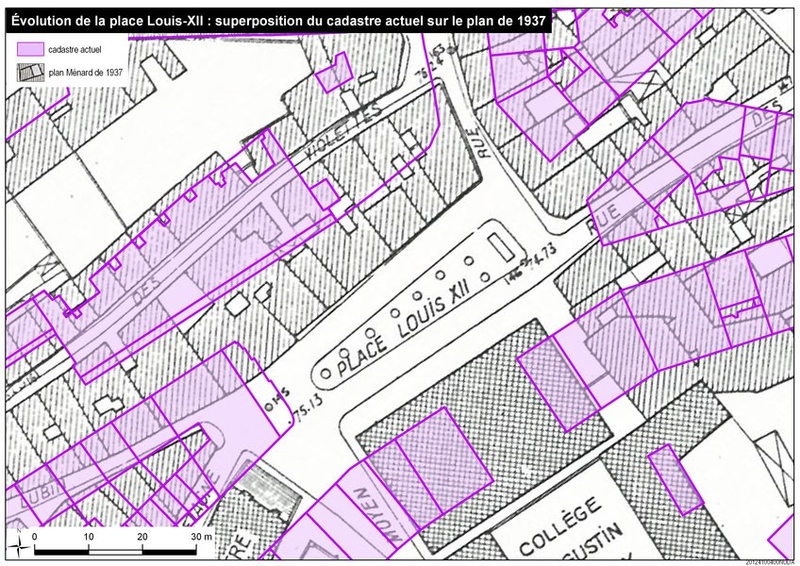 Evolution de l'aménagement de la place Louis-XII mise en valeur par la superposition du plan de 1937 et du cadastre actuel.