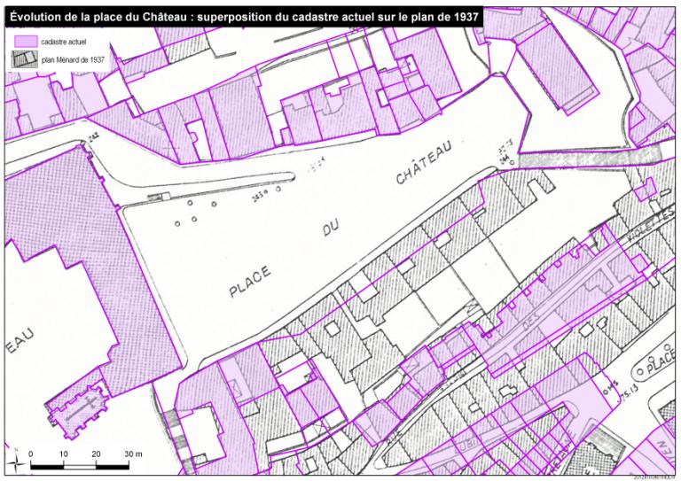 Evolution de l'aménagement de la place du Château mise en valeur par la superposition du plan de 1937 et du cadastre actuel.