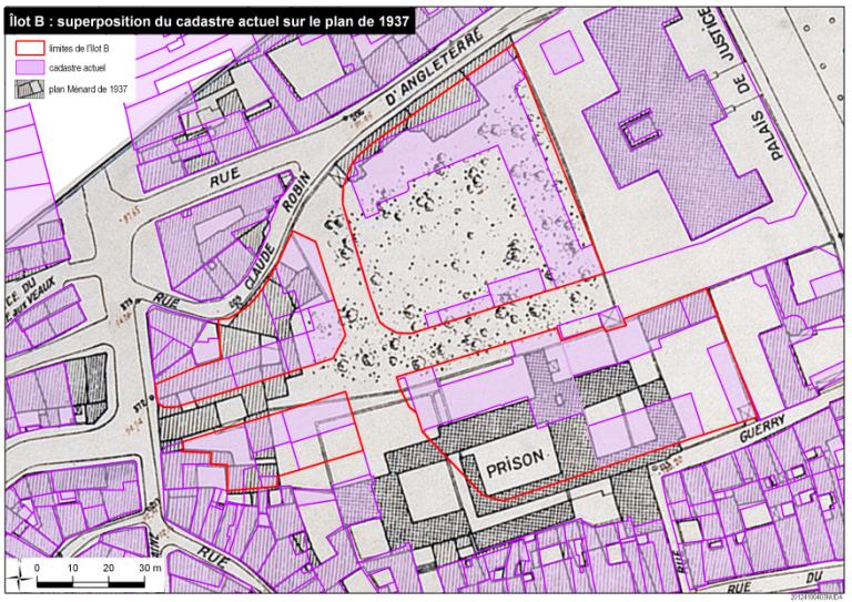 Aménagement après-guerre du quartier de l'ancienne prison mis en valeur par la superposition du plan de 1937 et du cadastre actuel. 