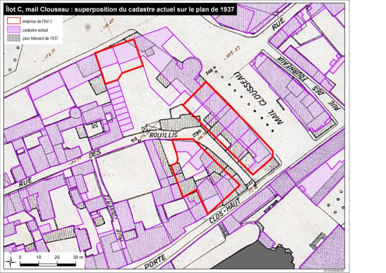 Evolution de l'aménagement du Mail Clouseau mise en valeur par la superposition du plan de 1937 et du cadastre actuel.