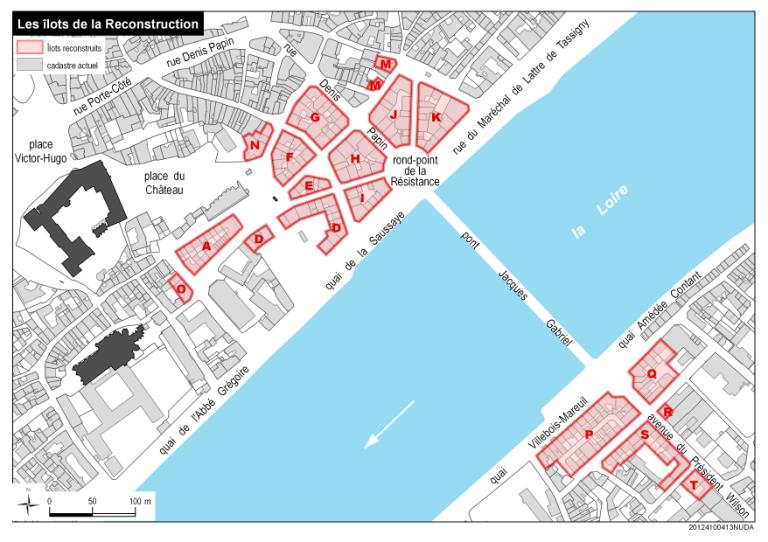 Plan de localisation des îlots de la reconstruction blésoise.