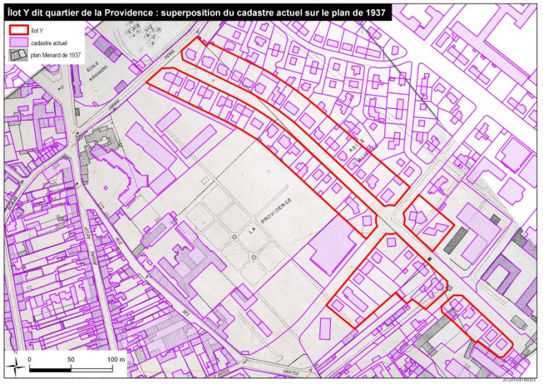 Plan d'implantation du quartier de la Ferme Départementale par rapport au plan de 1937.