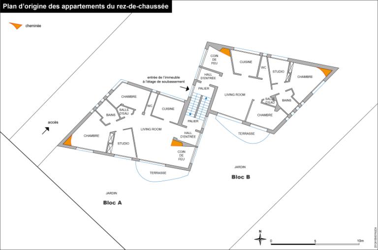 Plan d'origine des appartements du rez-de-chaussée.