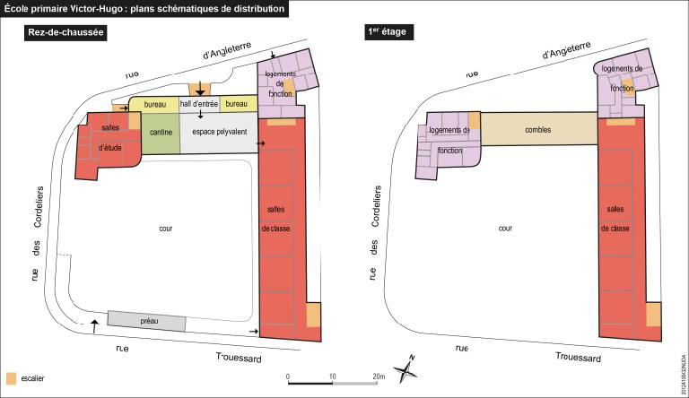 Plans schématiques de distribution du rez-de-chaussée et du premier étage.