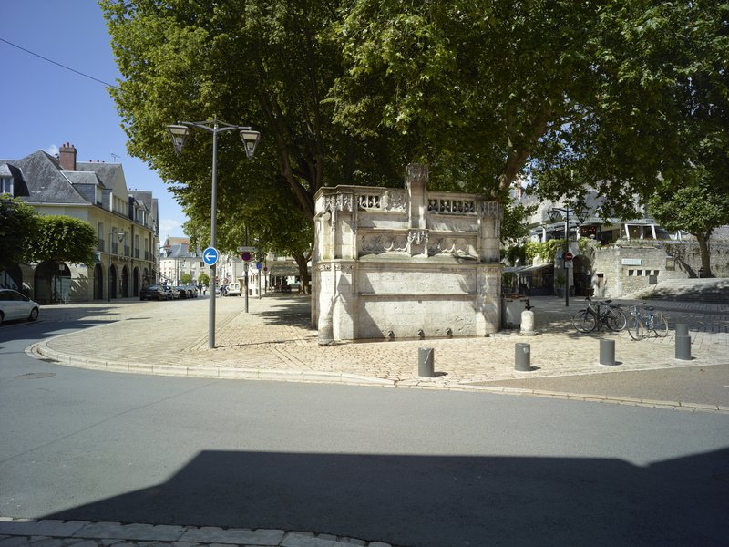 Vue depuis la rue Emile-Laurens. Au premier plan, la fontaine Louis-XII, épargnée dans les destructions de 1940, donne son nom à la place.