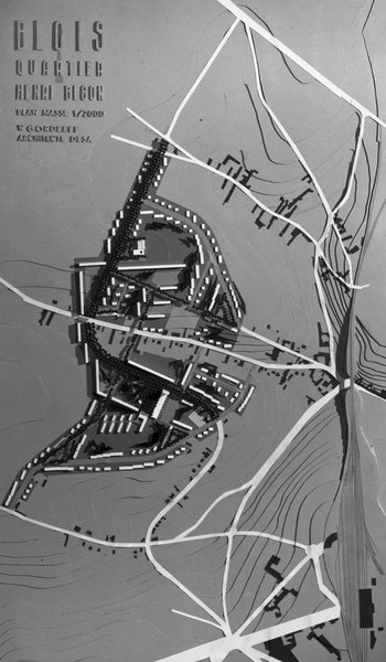 Maquette du plan masse du quartier Bégon par W. Gordeef, 1957. (Ministère de l'écologie, de l'énergie, du développement durable et de l'aménagement du territoire, 29509).