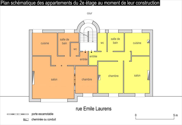 Plan schématique des appartements du 2e étage au moment de leur construction.