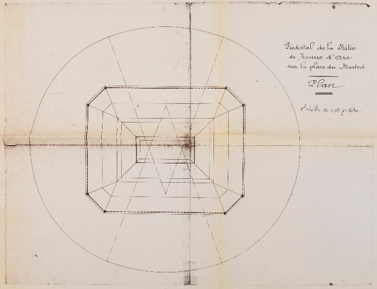 Plan du piédestal de la statue de Jeanne d'Arc sur la place du Martroi, échelle de 0.02 par mètre. (Archives municipales d'Orléans).
