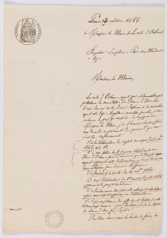 Lettre de Foyatier au maire du 12 octobre 1855 faisant état du différend concernant les sommes dues au sculpteur. (Archives municipales d'Orléans).