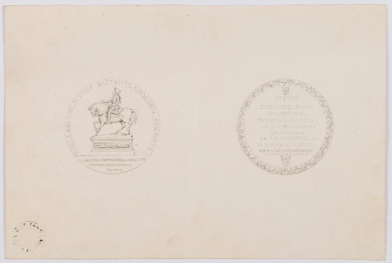 Dessin d'un projet de médaille avec le monument de la place du Martroi (avers) et quelques lignes rappelant l'inauguration (revers). (Archives municipales d'Orléans).