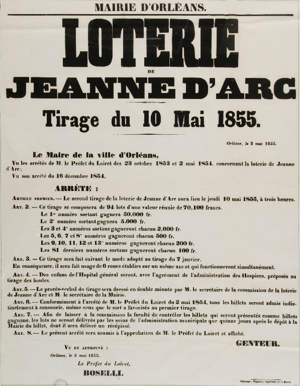 Affiche de la loterie Jeanne d'Arc de 1855 destinée à couvrir les frais du monument. (Archives municipales d'Orléans).