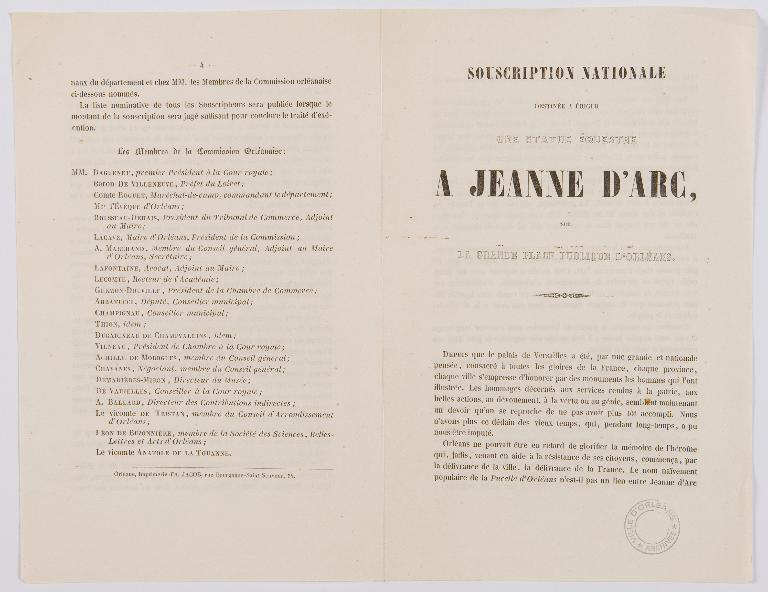 Prospectus de la souscription nationale pour la statue de Jeanne d'Arc à élever sur la grande place publique d'Orléans. (Archives municipales d'Orléans).