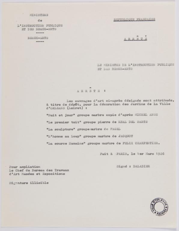 Lettre concernant l'attribution d'ouvrages d'art pour décorer les jardins d'Orléans, 1er mars 1926 (Archives municipales d'Orléans). ; Lettre concernant l'attribution d'ouvrages d'art pour décorer les jardins d'Orléans, 1er mars 1926 (Archives municipales d'Orléans). ; Lettre concernant l'attribution d'ouvrages d'art pour décorer les jardins d'Orléans, 1er mars 1926 (Archives municipales d'Orléans). ; Lettre concernant l'attribution d'ouvrages d'art pour décorer les jardins d'Orléans, 1er mars 1926 (Archives municipales d'Orléans).