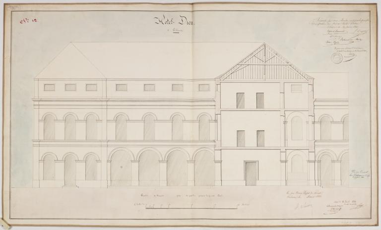 Plan partiel d'une façade de l'hôtel-Dieu. (Archives départementales du Loiret).
