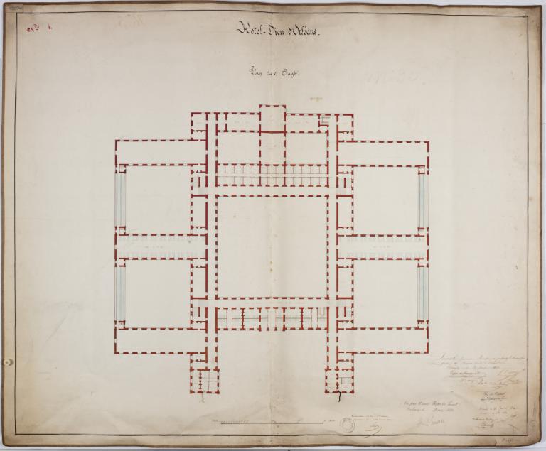Plan du deuxième niveau de l'hôtel-Dieu. Y figurent les six ailes du peigne, dont les deux médianes finalement non réalisées. (Archives départementales du Loiret).