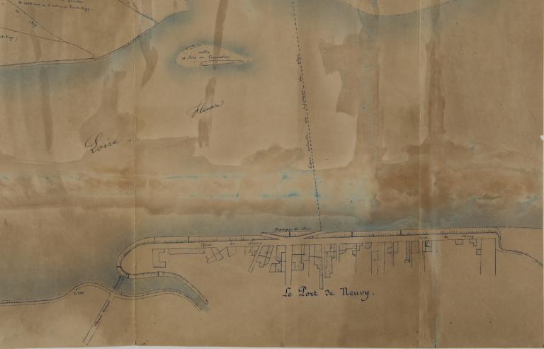Plan du port et du bac de Neuvy, 28 février 1895 par l'ingénieur ordinaire Sigault. (archives départementales du Cher, 3 S 385).