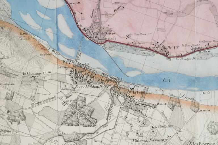 Plan du val de Germigny, 18 avril 1900, par l'ingénieur en chef Mazoyer (d'après la carte de la Loire de l'ingénieur Coumes de 1848). (archives départementales du Cher, 3 S 385).