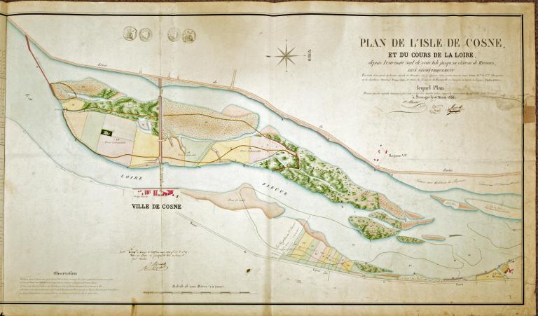Plan de l'isle de Cosne et de la Loire depuis l'extrémité de cette île au château de Myennes, 10 mars 1836. (archives départementales du Cher, Plan 2 U 578 (26)). ; Plan de l'isle de Cosne et de la Loire depuis l'extrémité de cette île au château de Myennes, 10 mars 1836. (archives départementales du Cher, Plan 2 U 578 (26)).