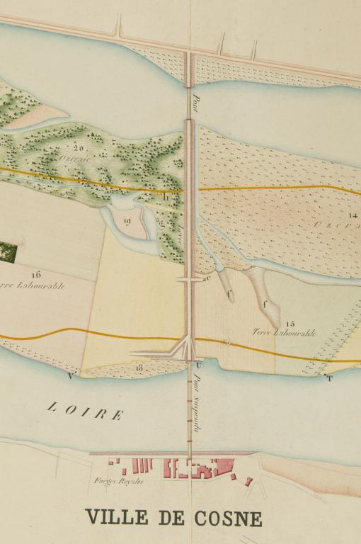 Plan de l'isle de Cosne et du cours de la Loire depuis l'extrémité de cette isle jusqu'au château de Myennes, 10 mars 1836. Détail sur Cosne. (archives départementales du Cher, Plan 2 U 578 (26)). ; Plan de l'isle de Cosne et du cours de la Loire depuis l'extrémité de cette isle jusqu'au château de Myennes, 10 mars 1836. Détail sur Cosne. (archives départementales du Cher, Plan 2 U 578 (26)).