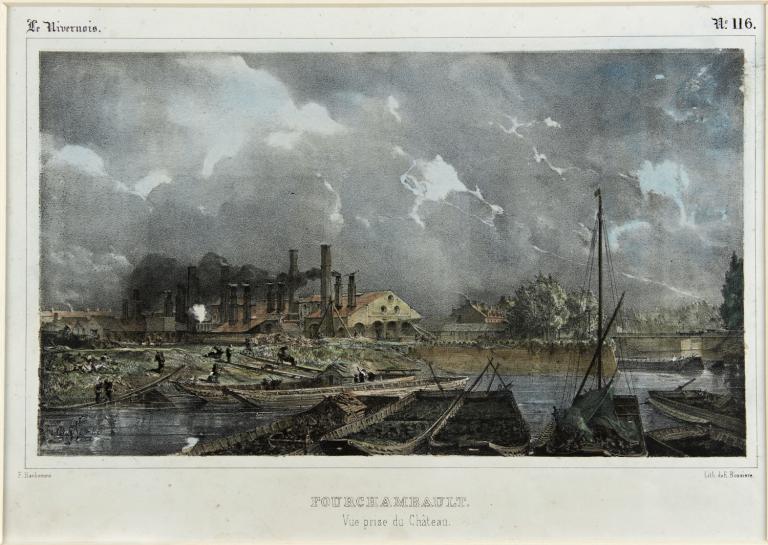 Le bassin des usines de Fourchambault, vue dessinée depuis le château en 1836 par Bonhommé. Lithographie de Edmond Bussière. A droite, le passage reliant la Loire et le bassin. (musée de la Loire, Cosne-Cours-sur-Loire, Sans. Inv).