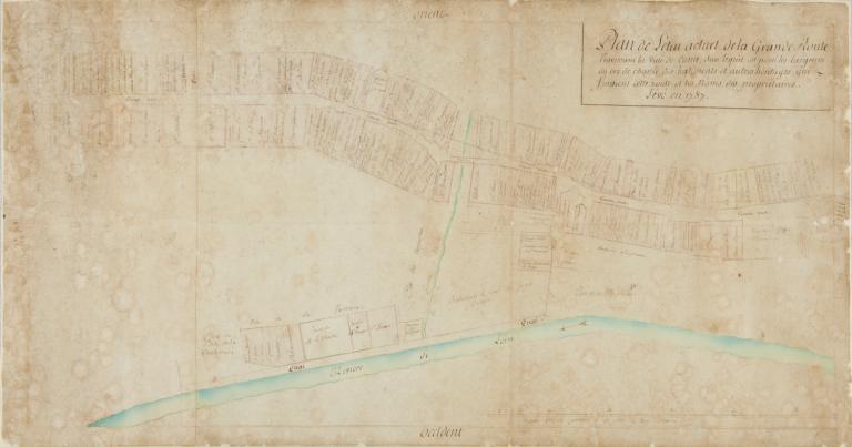Plan de l'état actuel de la grande route traversant la ville de Cosne levé en 1787. Détail (quai, port de la Madeleine et place du port de la Pêcherie). (archives municipales de Cosne-Cours-sur-Loire, DD 8).