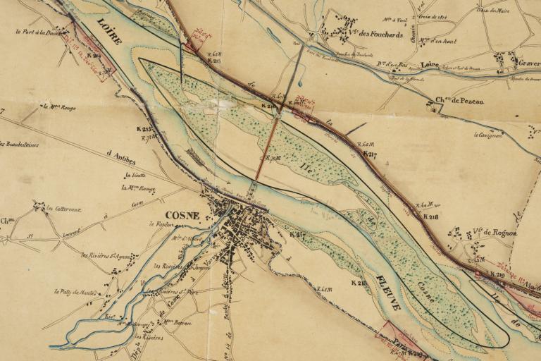 Plan général de la Loire, défense des rives entre le Bec d'Allier et Briare, 19 avril 1859. Détail sur Cosne-Cours-sur-Loire. (centre d'exploitation de Saint-Satur, subdivision de la direction départementale des territoires de la Nièvre).
