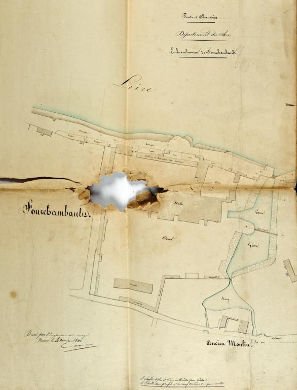 Plan des usines de Fourchambault et du bassin dressé par l'ingénieur ordinaire le 4 novembre 1841. Détail. (centre d'exploitation de Saint-Satur, subdivision de la direction départementale des territoires de la Nièvre).
