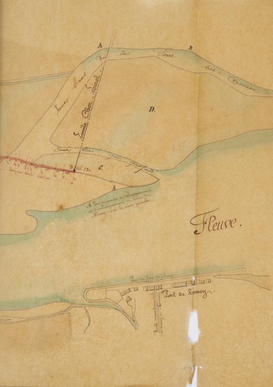 Défense du chantier de la Loire et mention des abordages du bac de Neuvy. Plan dressé le 26 mai 1869 par l'ingénieur ordinaire de Perrodil. (centre d'exploitation de Saint-Satur, subdivision de la direction départementale des territoires de la Nièvre). ; Défense du chantier de la Loire et mention des abordages du bac de Neuvy. Plan dressé le 26 mai 1869 par l'ingénieur ordinaire de Perrodil. (centre d'exploitation de Saint-Satur, subdivision de la direction départementale des territoires de la Nièvre).