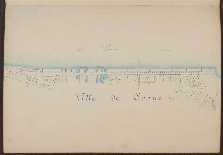 Plantation d'arbres sur le quai de Cosne, plan dressé le 28 novembre 1896 par le conducteur Lejault. (centre d'exploitation de Saint-Satur, subdivision de la direction départementale des territoires de la Nièvre).