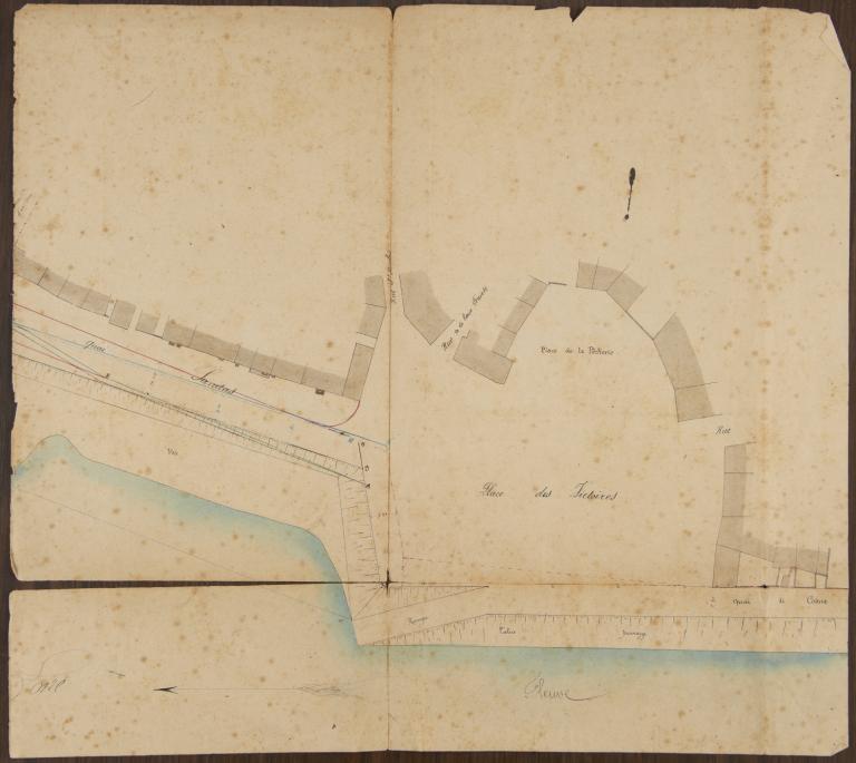 Plan d'une partie des quais de Cosne près de la place des Victoires, non daté. (centre d'exploitation de Saint-Satur, subdivision de la direction départementale des territoires de la Nièvre). ; Plan d'une partie des quais de Cosne près de la place des Victoires, non daté. (centre d'exploitation de Saint-Satur, subdivision de la direction départementale des territoires de la Nièvre).
