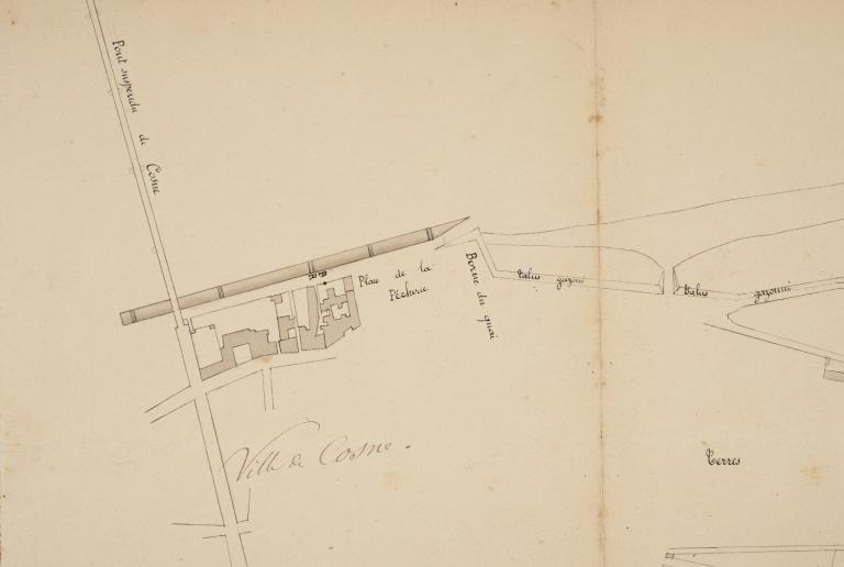 Délimitation du quai en aval de la ville de Cosne, 17 octobre 1878. (centre d'exploitation de Saint-Satur, subdivision de la direction départementale des territoires de la Nièvre).
