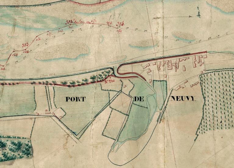 Détail du plan général de la Loire à l'état d'étiage en 1834 complété en 1842 par l'ingénieur en chef Mutrécy-Maréchal. (centre d'exploitation de Saint-Satur, subdivision de la direction départementale des territoires de la Nièvre).
