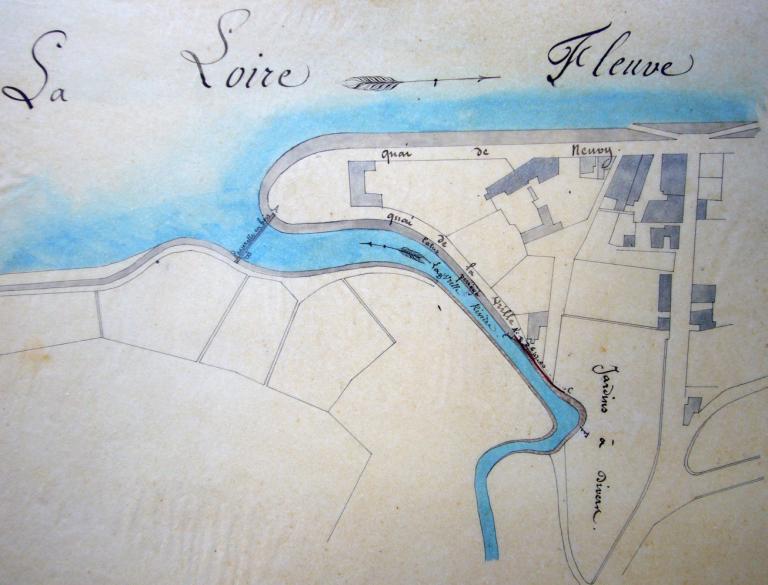 Plan du port de Neuvy et de la rivière de la Vrille, 31 mai 1881, ingénieur ordinaire Harel de la Noé. (direction départementale de l'équipement de la Nièvre, Nevers, Boite 70).