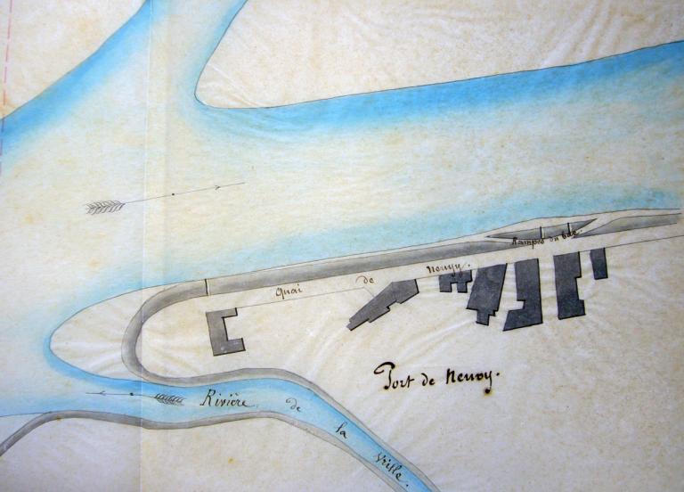 Plan du port de Neuvy, 16 septembre 1877, ingénieur ordinaire Poulet. (direction départementale de l'équipement de la Nièvre, Nevers, Boite 70). ; Plan du port de Neuvy, 16 septembre 1877, ingénieur ordinaire Poulet. (direction départementale de l'équipement de la Nièvre, Nevers, Boite 70).