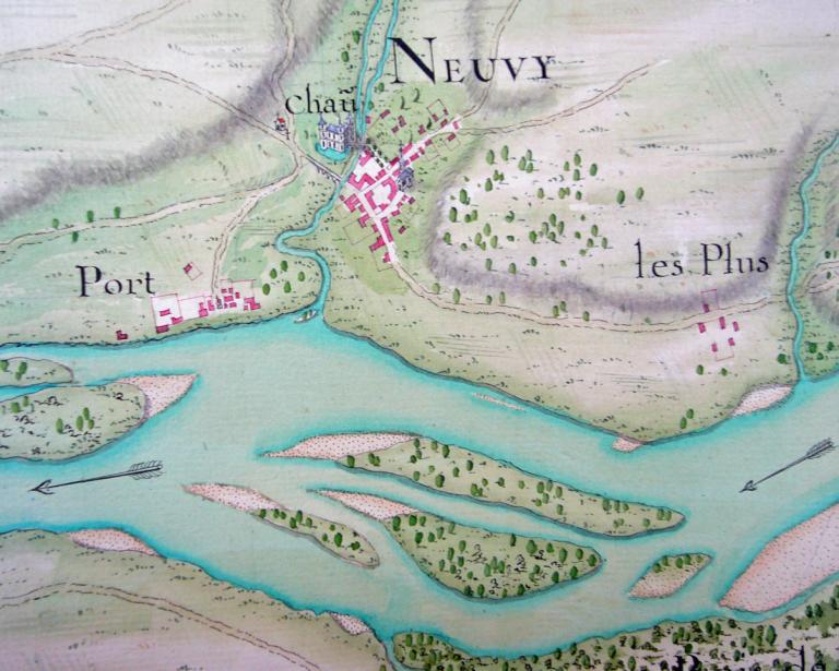 Carte du cours des rivières de Loire et d'Allier depuis Orléans en remontant jusqu'à Decize et Vichy, levée en 1727-1730 sous la conduite du sieur Matthieu. Détail. (école nationale des Ponts-et-Chaussées, Folio 4969).