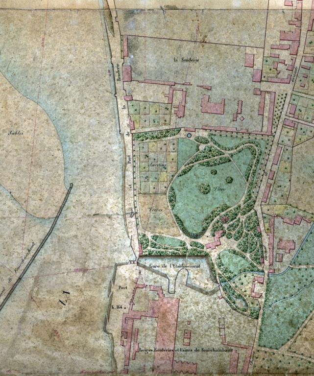 Carte de la Loire dressée sous la direction de Zeiller ingénieur en chef des Ponts-et-Chaussées par Auguste Grenier ingénieur civil, 1851. Détail sur Fourchambault. ; Carte de la Loire dressée sous la direction de Zeiller ingénieur en chef des Ponts-et-Chaussées par Auguste Grenier ingénieur civil, 1851. Détail sur Fourchambault.