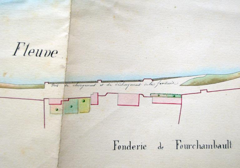 Restauration de l'épi submersible de Givry, ingénieur Verdevoye, 18 juillet 1853. Détail sur le port de chargement et de déchargement de la fonderie de Fourchambault. (direction départementale de l'équipement de la Nièvre, Nevers).